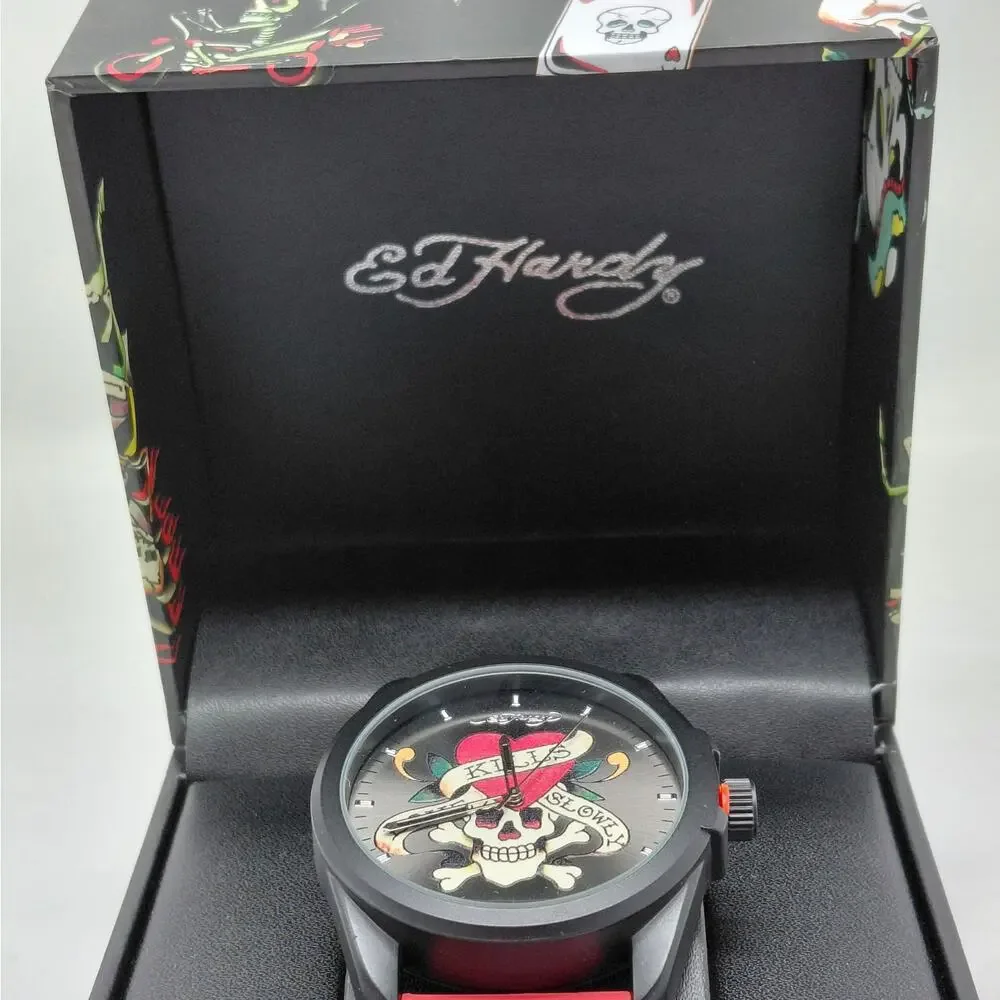 Ed Hardy Mens Love Kills Slowly Skull Tattoo Quartz Watch Y2K Gothic Punk Rock